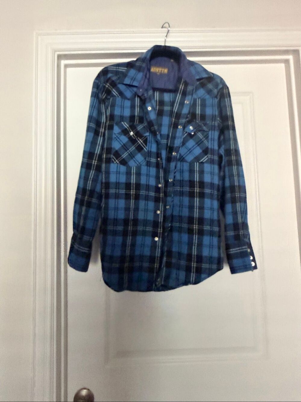 Austin Mens Blue Plaid Pearl Snap Western Long Sleeve Cowboy Shirt Size Medium
